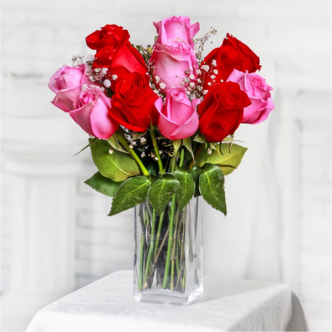 10 red and pink roses with fillers