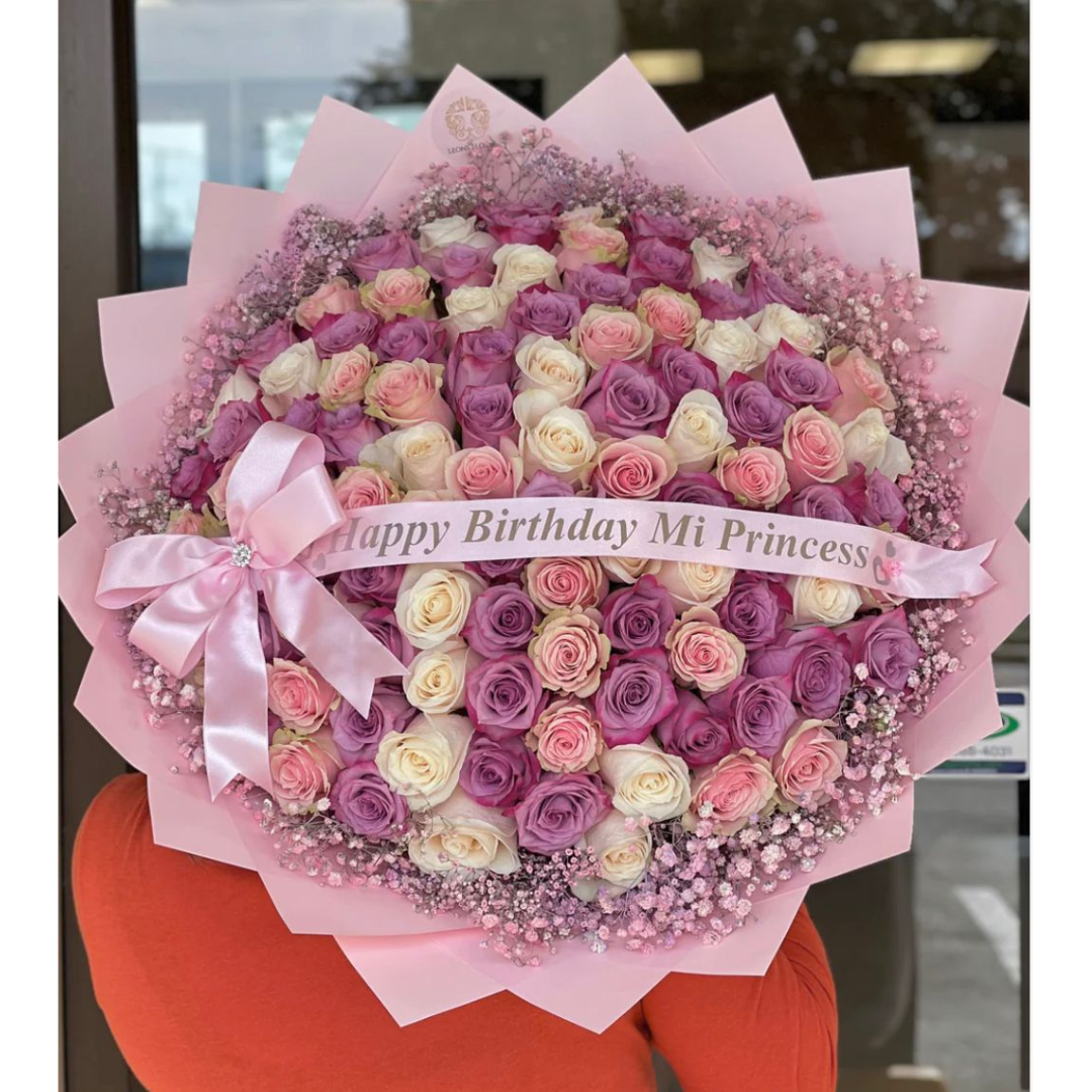 White, Pink and Purple Roses with white babys breath round – Mix Flower